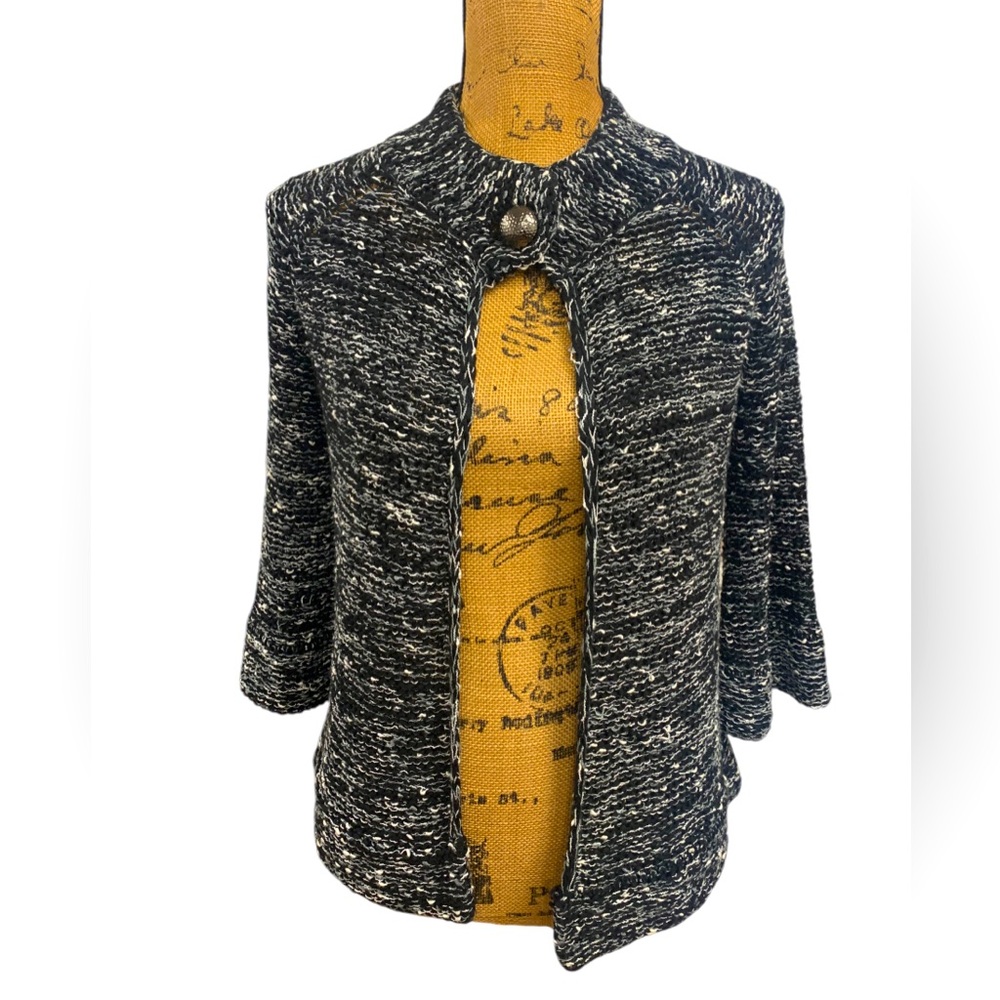 BCBGMAXAZRIA Black White Heather Single Button Heavyweight Cardigan Sweater